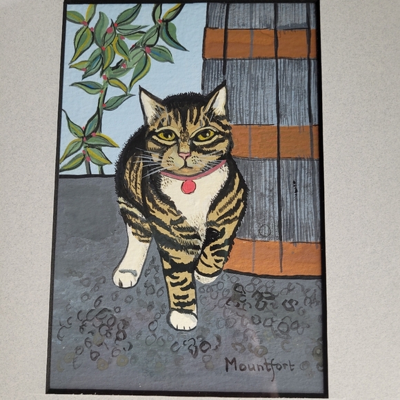 Original Art of Stripey Cat and Plant Artist Signed Mountfort Professional Frame - Picture 2 of 7
